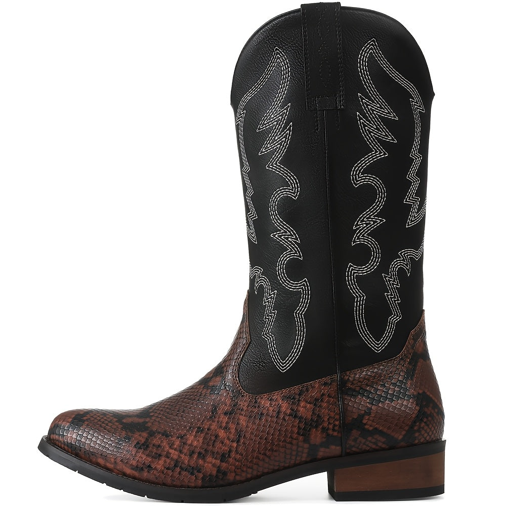 [MIKARKA Western Cowboy Boots] MIKARKA Men's Western Cowboy Boots - Pointed Toe, PU Upper & Inner, Rubber Sole, Slip-On, Short Boots with Striped Pattern