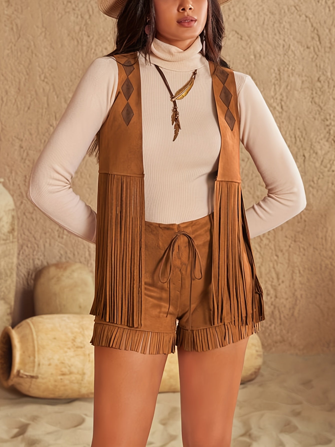 Women's Retro Western Style Imitation Suede Tassel Vest and Shorts Two-Piece Set