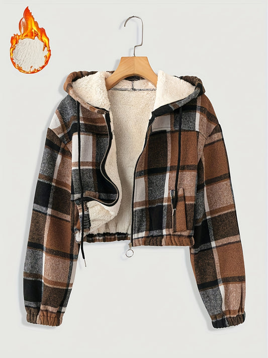 Women'S Elegant Plaid Checkered Print Hooded Zipper Jacket - Long Sleeve Winter Coat with Full-Zip Front, Brown Tartan Pattern
