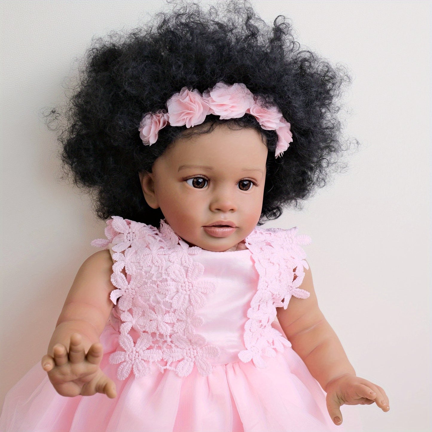 [Realistic Reborn Baby Doll] 26" African American Black Realistic Reborn Baby Doll with Rooted Curly Hair, Expressive Eyes & Lifelike Light Beige - Newborn Girl Doll with Outfit & Diaper - Ideal Gift for Girls Age 3+ (Vinyl &