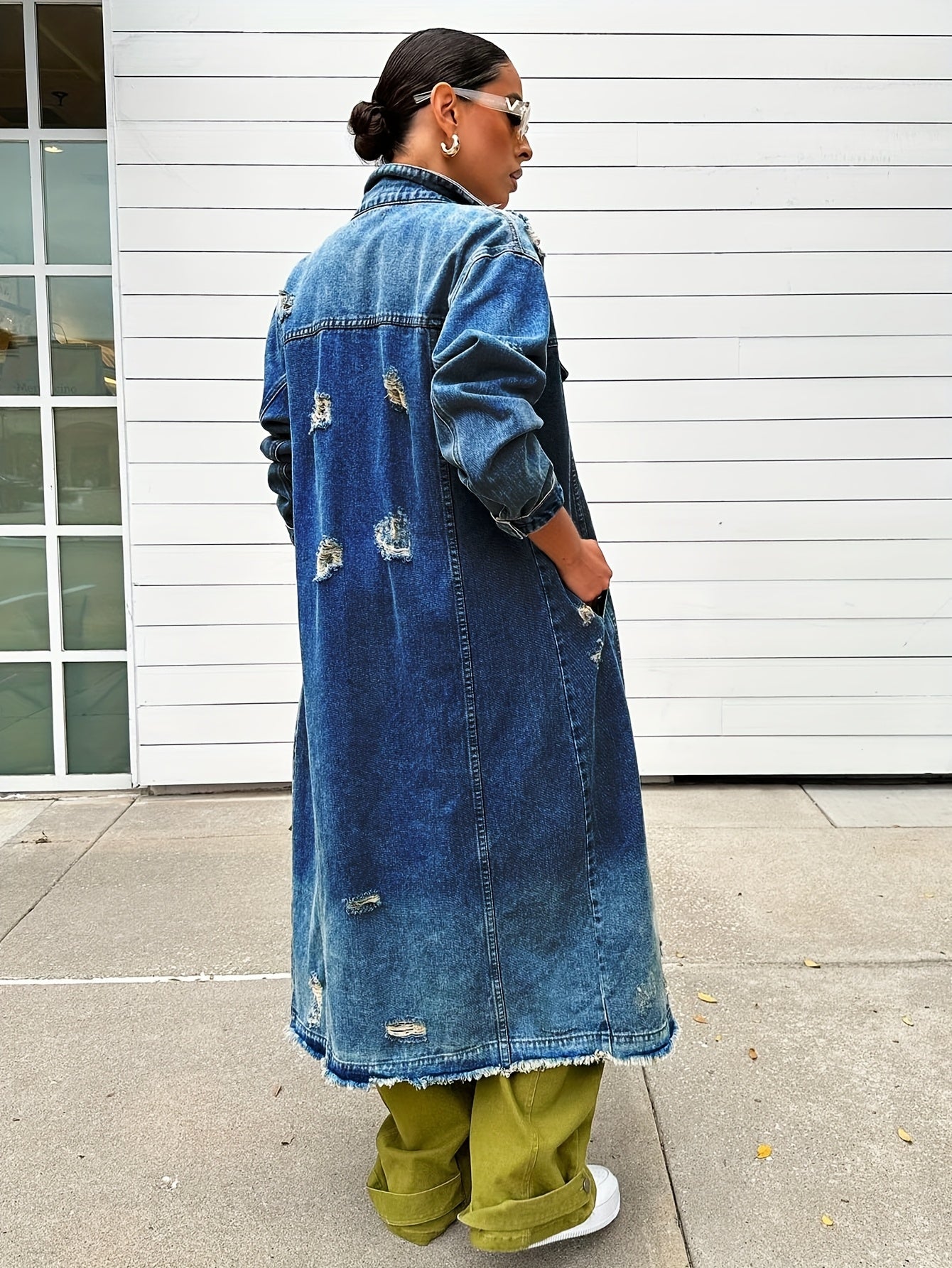 Broken Hole Long Denim Jacket, Women'S Denim Trench Coat Jacket, Real Pocket
