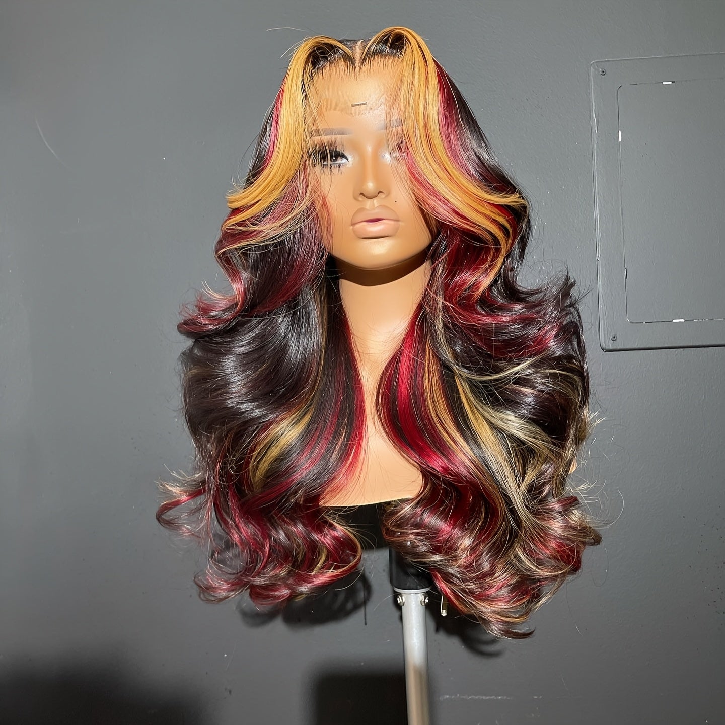 13x4 HD Lace Front Wig with Blonde & Red Highlights - Body Wave Synthetic Hair 180% Density Pre-Plucked Glueless 28 Inch Natural Look for Women All Ethnicities, Versatile Hairpiece | Elegant Hairpiece