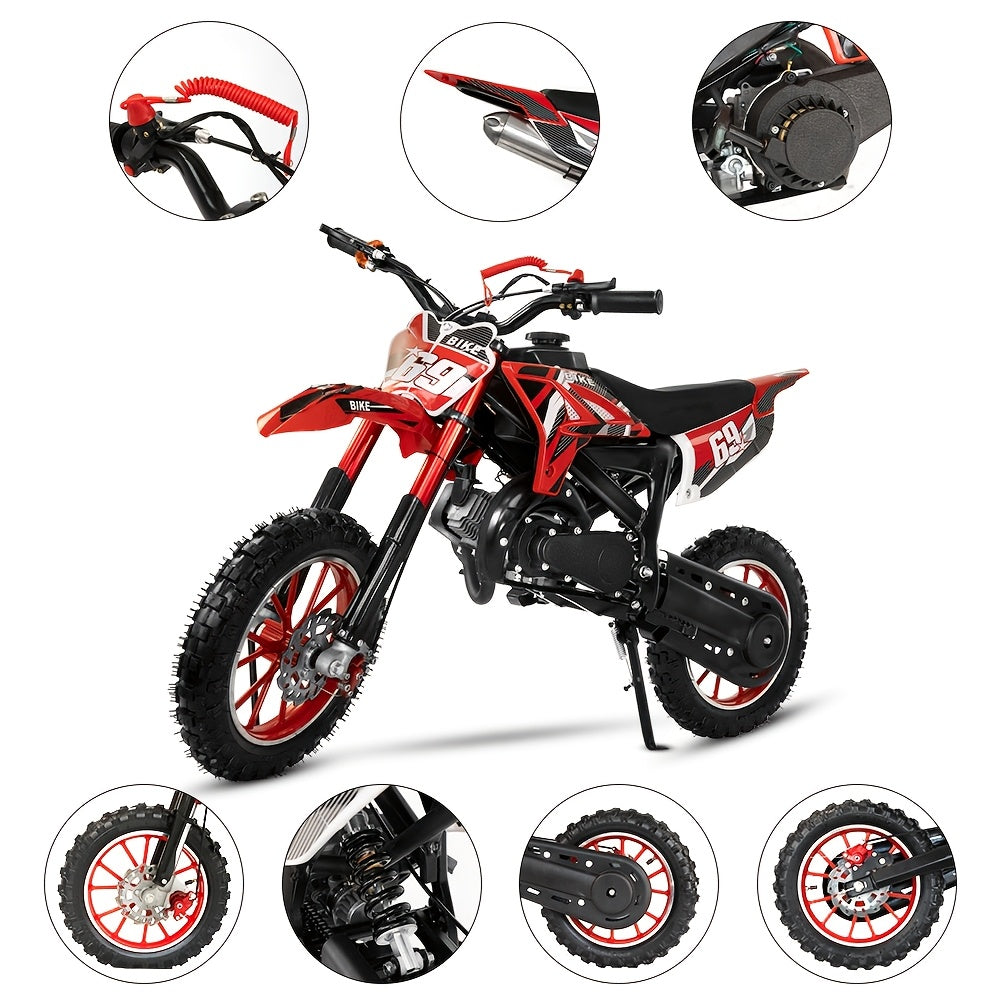 1pc Red 49cc 2-Stroke Dirt Bike for Adults, Metal Off-Road Motorcycle with Soft Seat, Shock Absorber, Front & Rear Disc Brakes, Fuel-Powered, Max Speed 20MPH, Toolkit Included