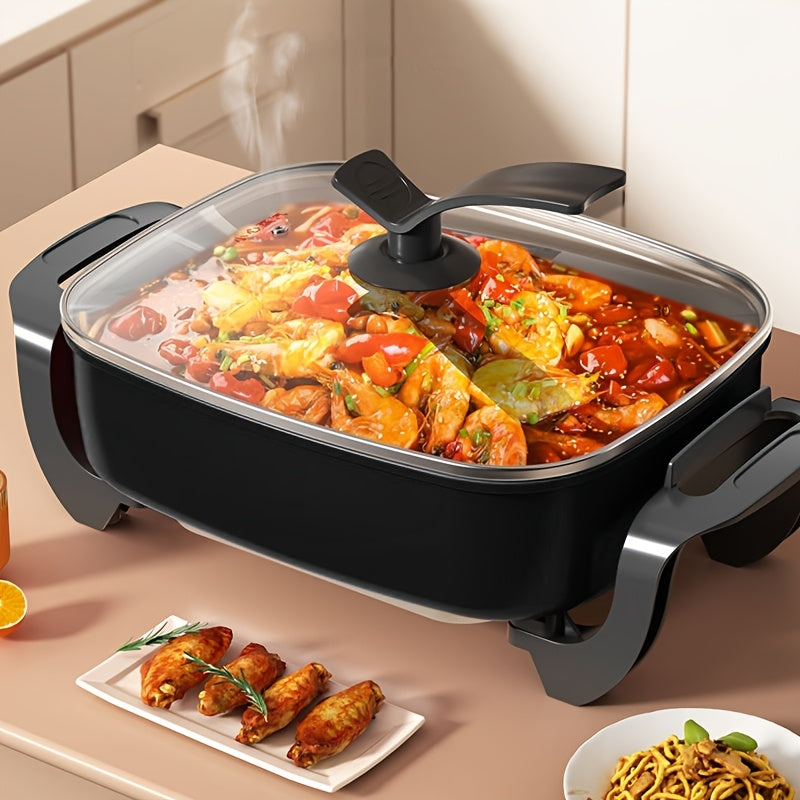 1pc 12x12 Inch Non-Stick Ceramic Electric Pot with Glass Lid, Aluminum Body, 1500W Adjustable Temperature Controller, for Frying, Baking, Steaming, or Boiling, Easy to Clean, 110V US Plug, Perfect for Home Use