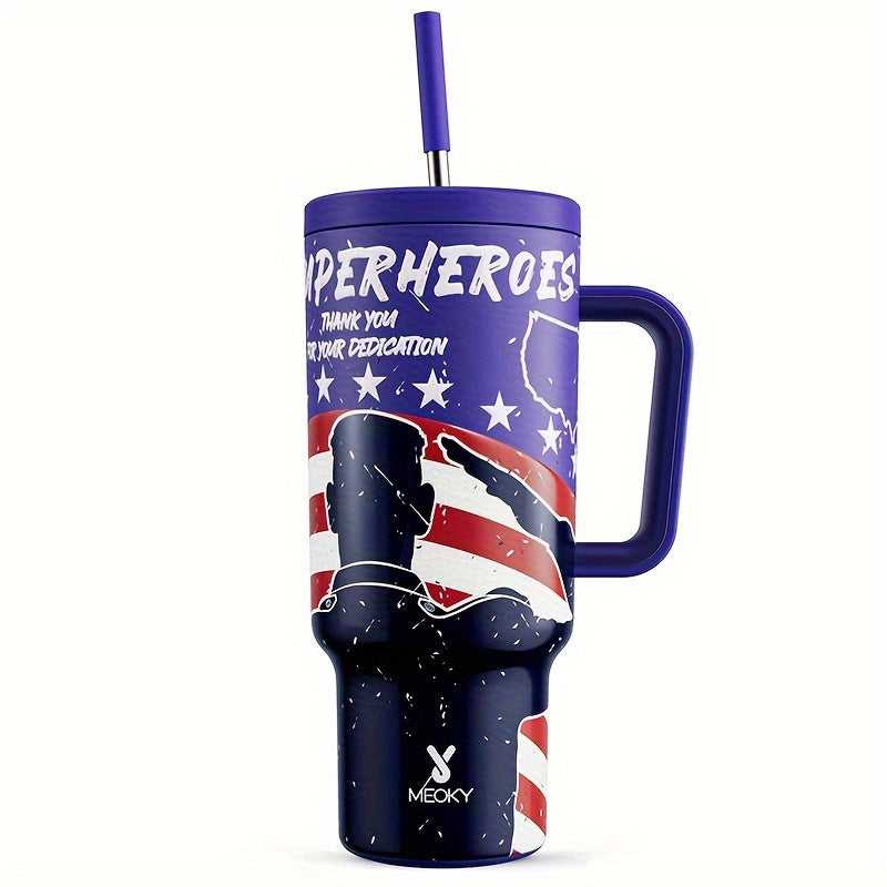 [American Flag Vacuum Mug] 1pc Stainless Steel American Flag Vacuum Insulated Travel Mug - With Handle, Lid, and Straw - For Independence Day & Memorial Day