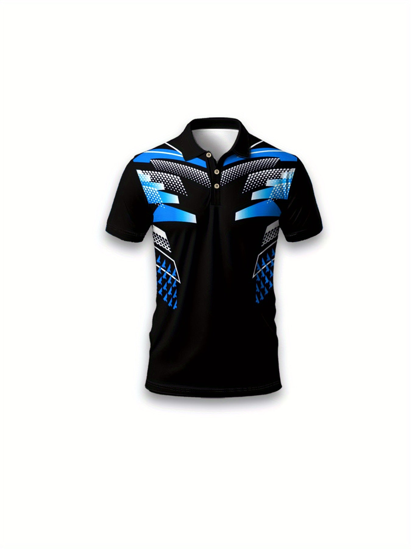 Men's Lightweight Breathable Sporty Motorcycle-Inspired Geometric Print Shirt - 100% Polyester Regular Fit Short Sleeve, Black with Blue Accents for Golf, Tennis, Casual Outings & Daily Wear | Summer Activewear, Tennis Appare