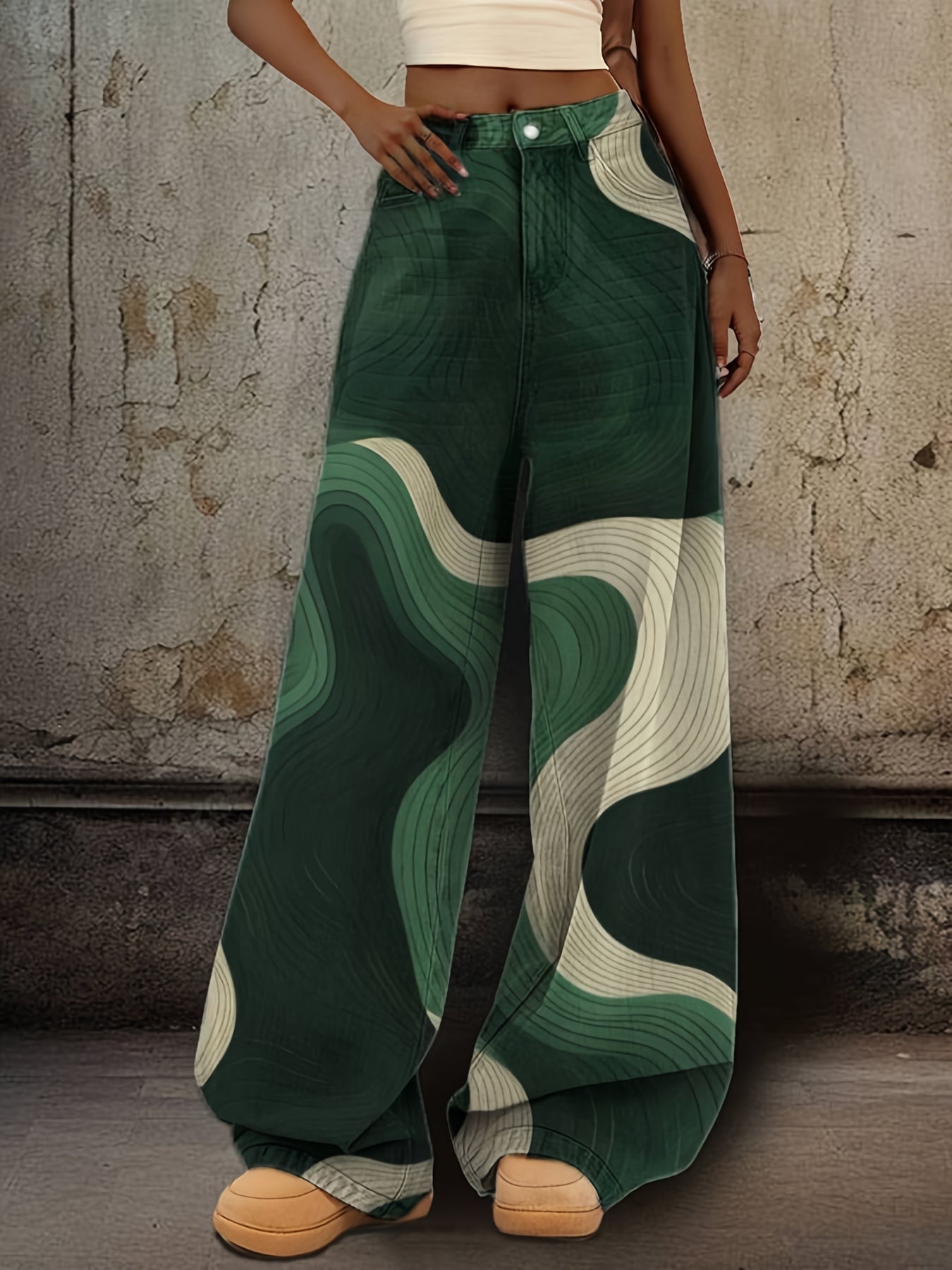 1 Pair of Women'S Denim High Waist Loose Pants, Casual Style, Creative Wave Stripe Print, Polyester Fabric, Regular Fit Loose Jeans for Adults, Suitable for All Seasons