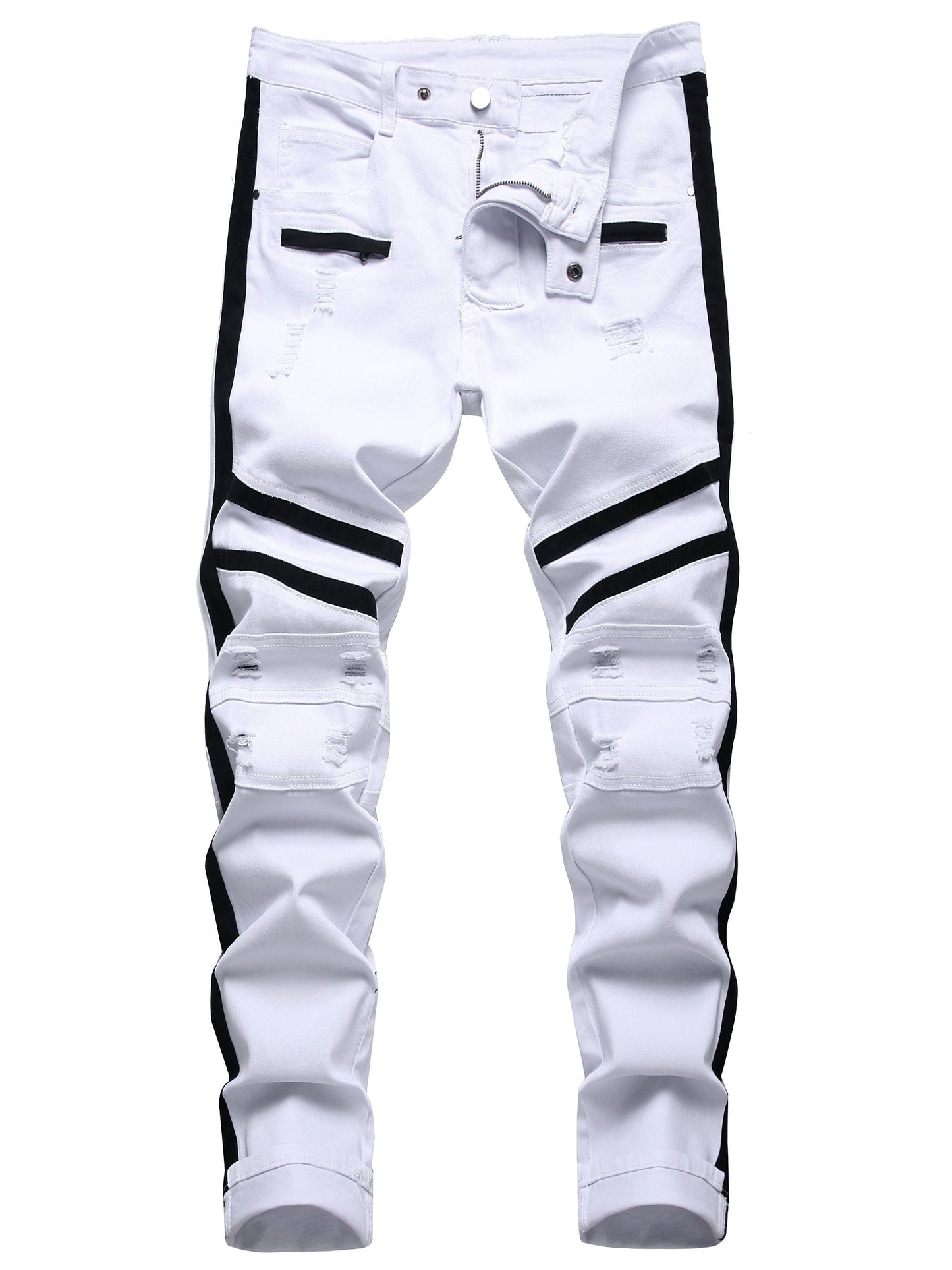 Men's Slim Fit Stretch Jeans Distressed Straight Leg Denim Pants, Fashion Biker Jeans Ripped Skinny Jeans for Men