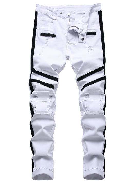 Men's Slim Fit Stretch Jeans Distressed Straight Leg Denim Pants, Fashion Biker Jeans Ripped Skinny Jeans for Men