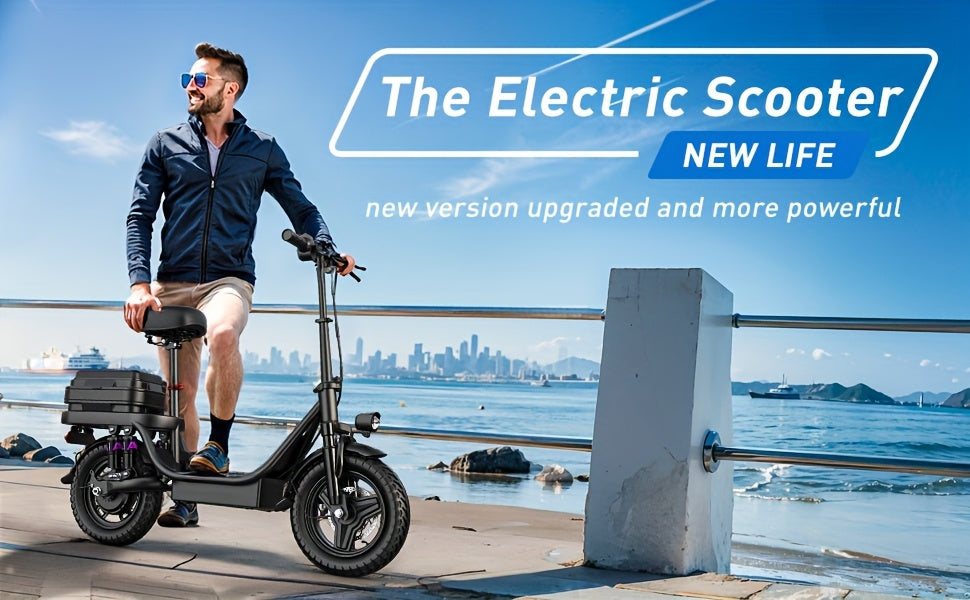 740W Electric Scooter for Adults with Seat - 25-Mile Range, 20Mph Top Speed, Foldable Design, 10" Shock Absorption, 14" High Quality Tires & Dual Disc Brakes - Carbon Steel Frame, Dual Power Source (Battery/US Plug) - Ideal f