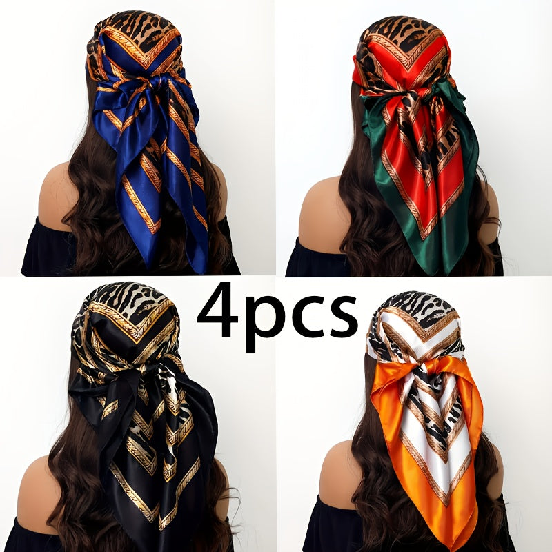 [Exquisite Head Scarf] 4pcs Exquisite Head Scarf for Women | Inspired Black Square Scarf with Golden & Zebra Print - Glamorous Headwear for Any Occasion