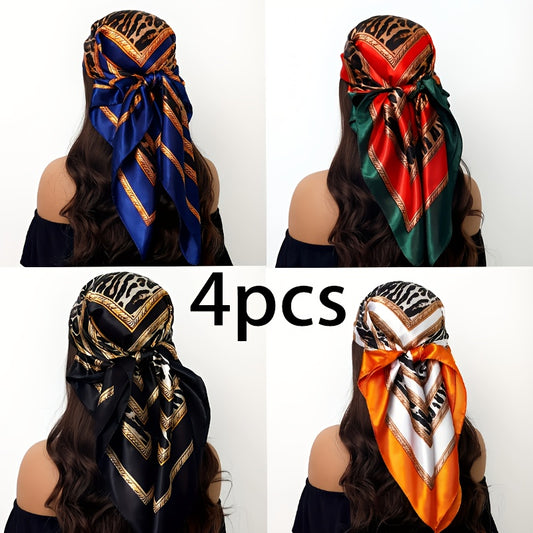 [Exquisite Head Scarf] 4pcs Exquisite Head Scarf for Women | Inspired Black Square Scarf with Golden & Zebra Print - Glamorous Headwear for Any Occasion