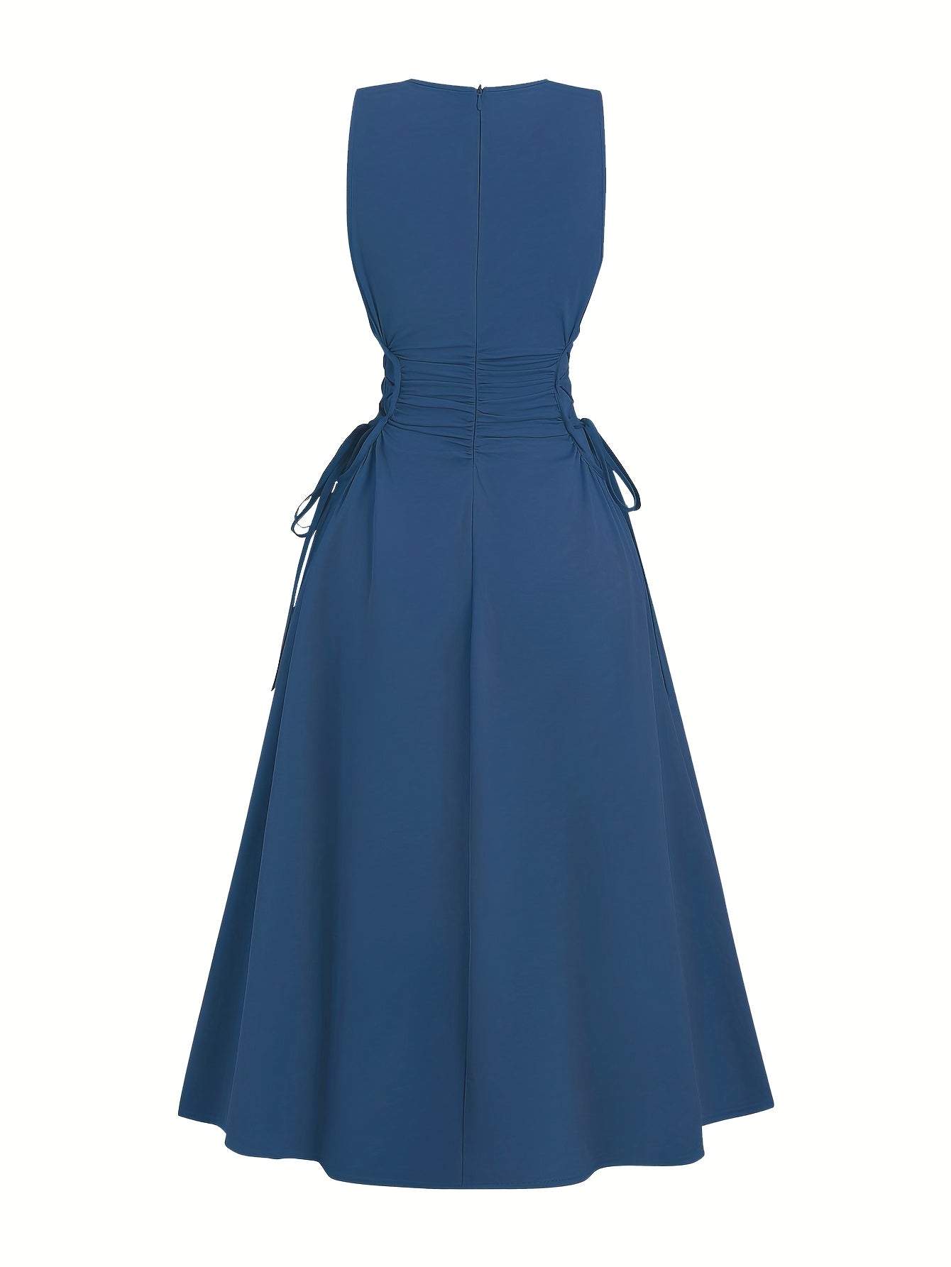 Halloween Elegant Navy Blue A-Line Dress for Women - Sleeveless, Cinched Waist with Tie Detail, Ruffled Hem, Perfect for Spring/Summer/Fall, Casual Elegant Wear | Sleeveless Dress | Cinched Waist Design