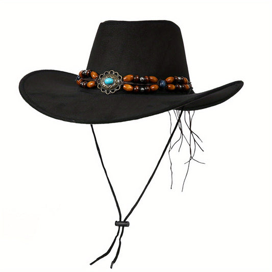 Women Men Vintage Western Hat Wide Brim Cowgirl Cap with Gem Beaded Belt Trendy Sun Hat for Outdoor Party