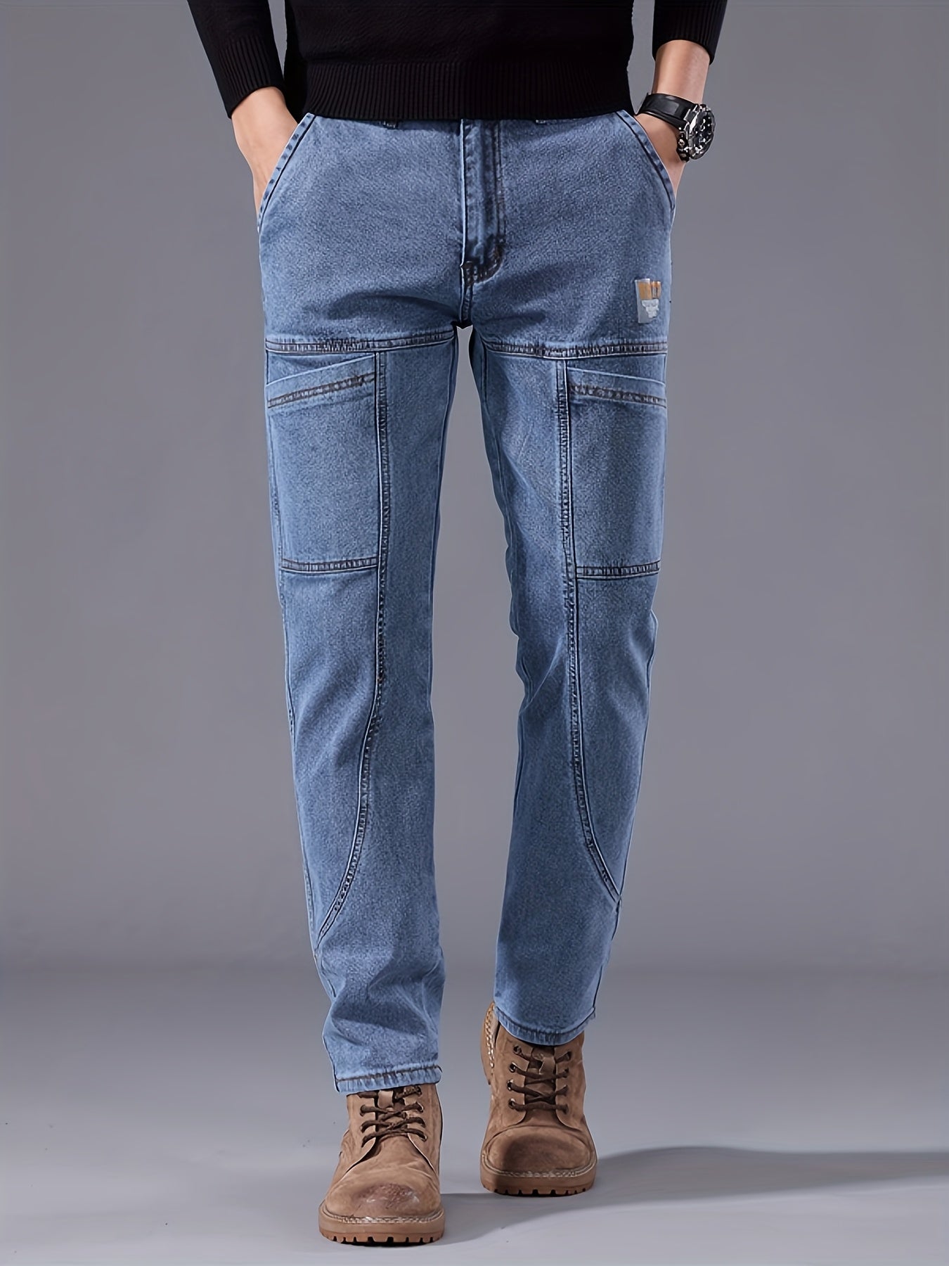 Men'S Small Straight Tube Style Fashionable Printed Six Pocket Design Micro Elastic Denim Pants