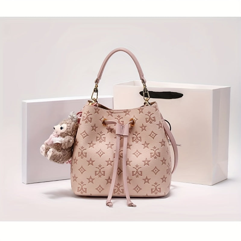 2025 New Large Capacity Purple Bucket Bag for Women - Elegant Geometric Pattern, with Embossed Detailing, Adjustable Shoulder Strap & Golden-Tone Hardware, Durable Polyester Lining, Stylish Everyday Handbag, Sophisticated Acc