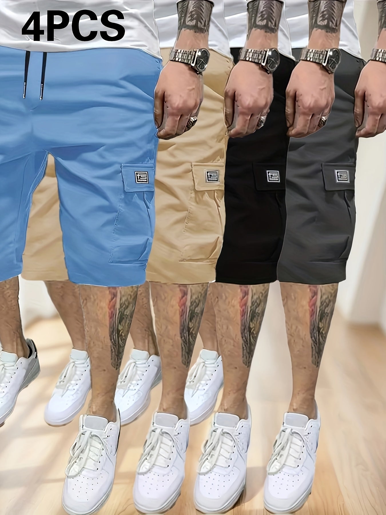 [Solid Color Cargo Shorts] 4-Pack Men's Casual Cargo Shorts - Solid Color, 100% Polyester, Non-Stretch Woven Fabric, Loose Fit, 135g/m², Summer Fashion