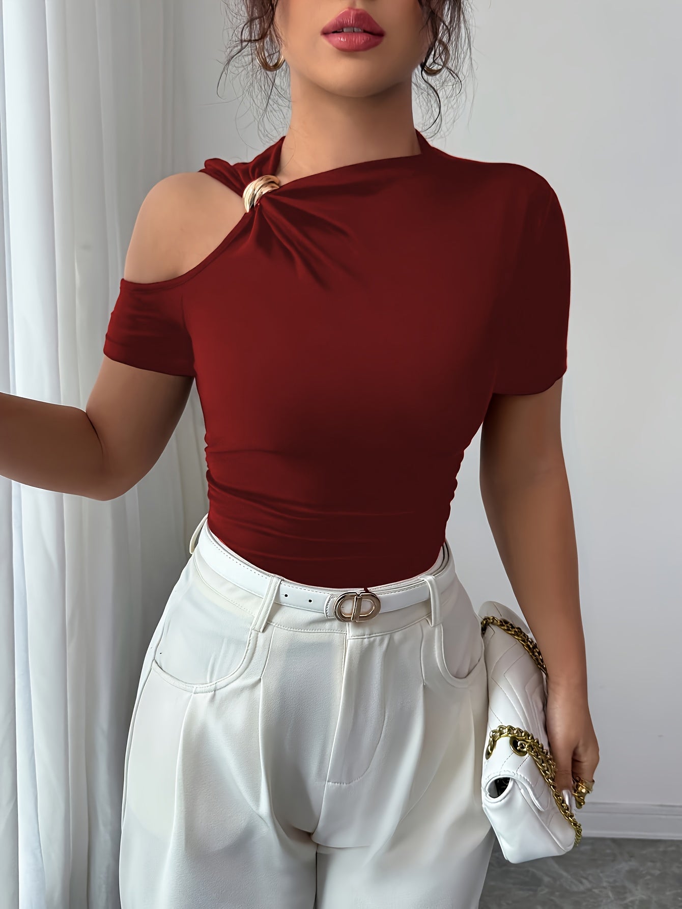Women's Slim-Fit Fashion Short-Sleeve Top with Front Tie and Metal Buckle Detail