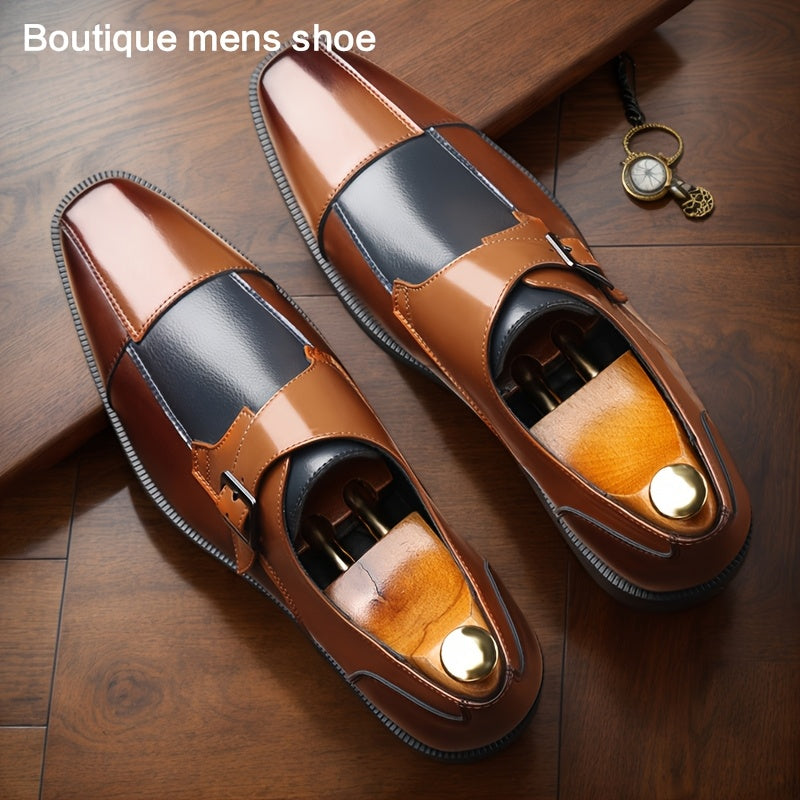 Men's Fashionable Color Block Dress Shoes - Stylish Business Casual Oxfords with Square Toe, Double Monk Straps & Heel Buckle, Versatile for Casual Attire