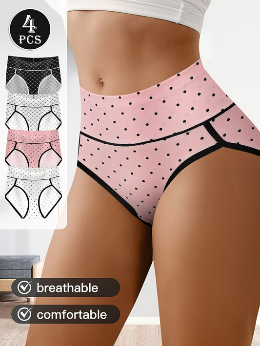 4pcs Women'S High-Waisted Triangle Panties - Elegant Polka Dot & Random Print, Large Leg Design, High Support, Comfortable & Stylish for Daily Wear or Holiday Outfits, Holiday Underwear | Elegant Underwear | Highsupport Brief
