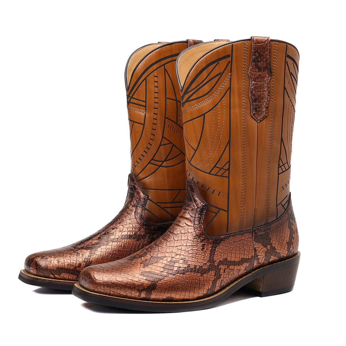 Men's Western Cowboy Boots with Imitation Snake Pattern & Wooden Heel Sole - Slip-Resistant High Heel, Pointed Toe Long Boots for Men & Women, Rustic Brown Booties for Casual & Semi-Formal Outfits