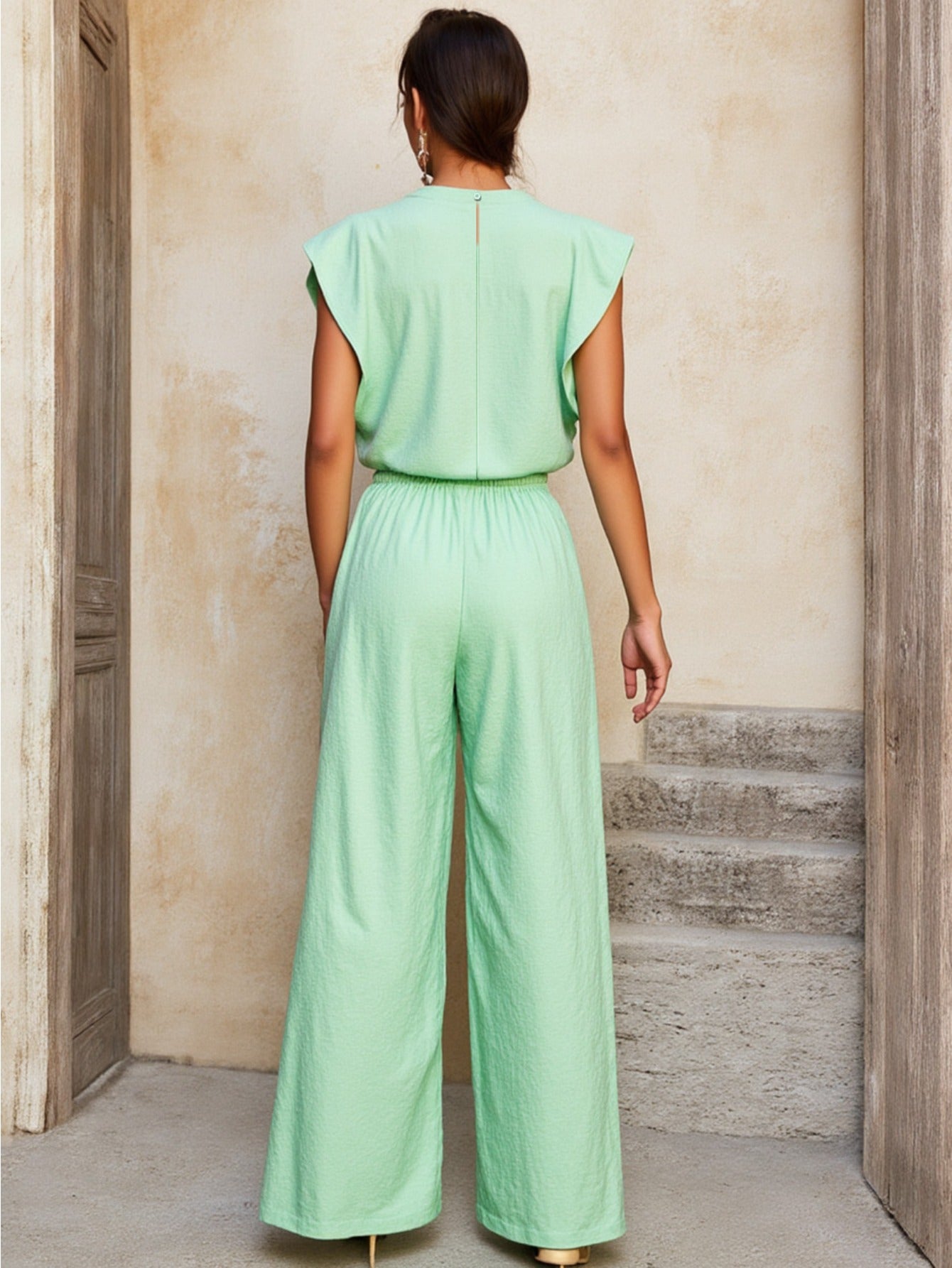 Women's Mint Green & Turquoise Two-Piece Set - Elegant Lapel Collar Short-Sleeve Shirt & Wide-Leg Trousers with Drawstring Waist, Structured Blouse & Tapered Pants for Beach Vacation, Casual to Semi-Formal Outfits - Spring/Su