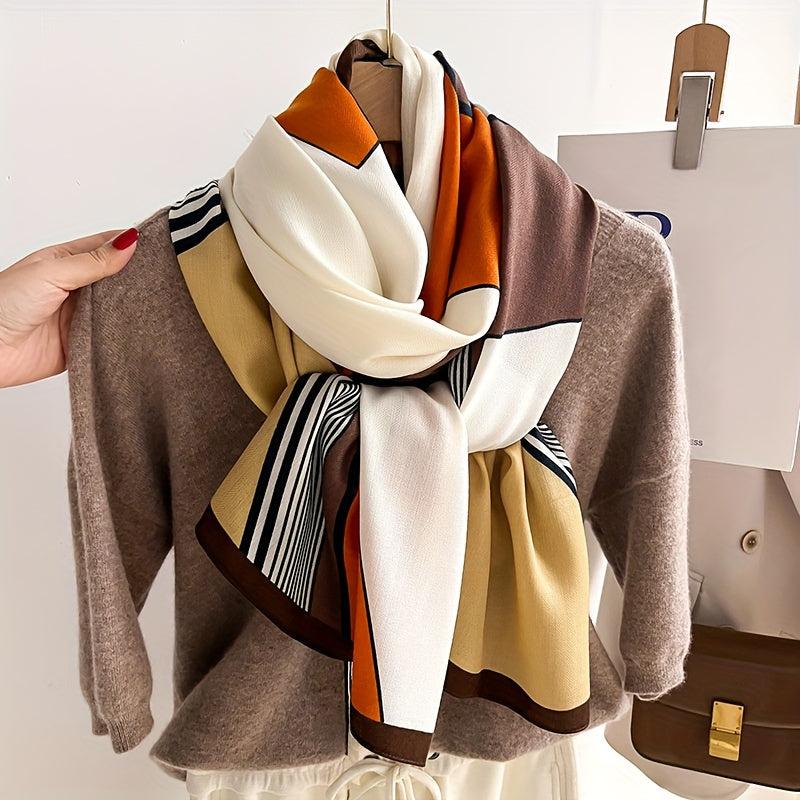 1/2pcs Color-Block Fashion Geometric Plaid Scarf, Durable Medium Thickness Warm Neck Warmer and Stylish Shawl for Air Conditioned Rooms