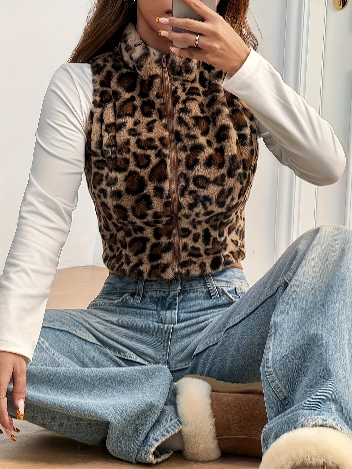 Chic Leopard Print Faux Fur Vest - Women's Sleeveless Zip-Up Crop Top, Sexy & Warm for Fall/Winter, Machine Washable