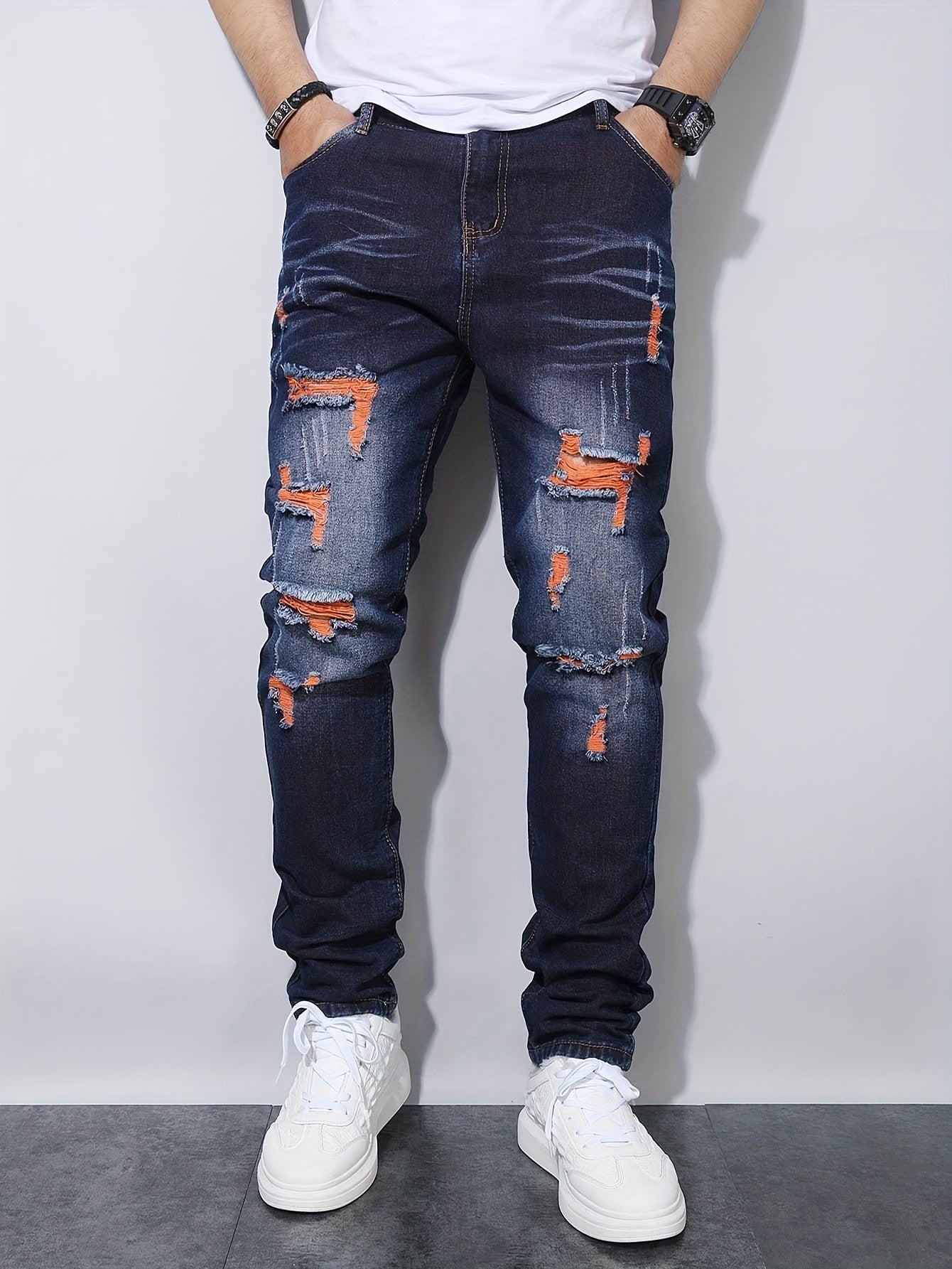 's & Teen Boys' Dark Washed Blue Distressed Jeans - Heavy-Denim Ripped Straight Leg Pants with Frayed Hem & Belt Loops, Mid-Rise Slim Fit for Casual Casual Attire (Machine Washable, All-Season) - Youthful Streetwear Style (Ag