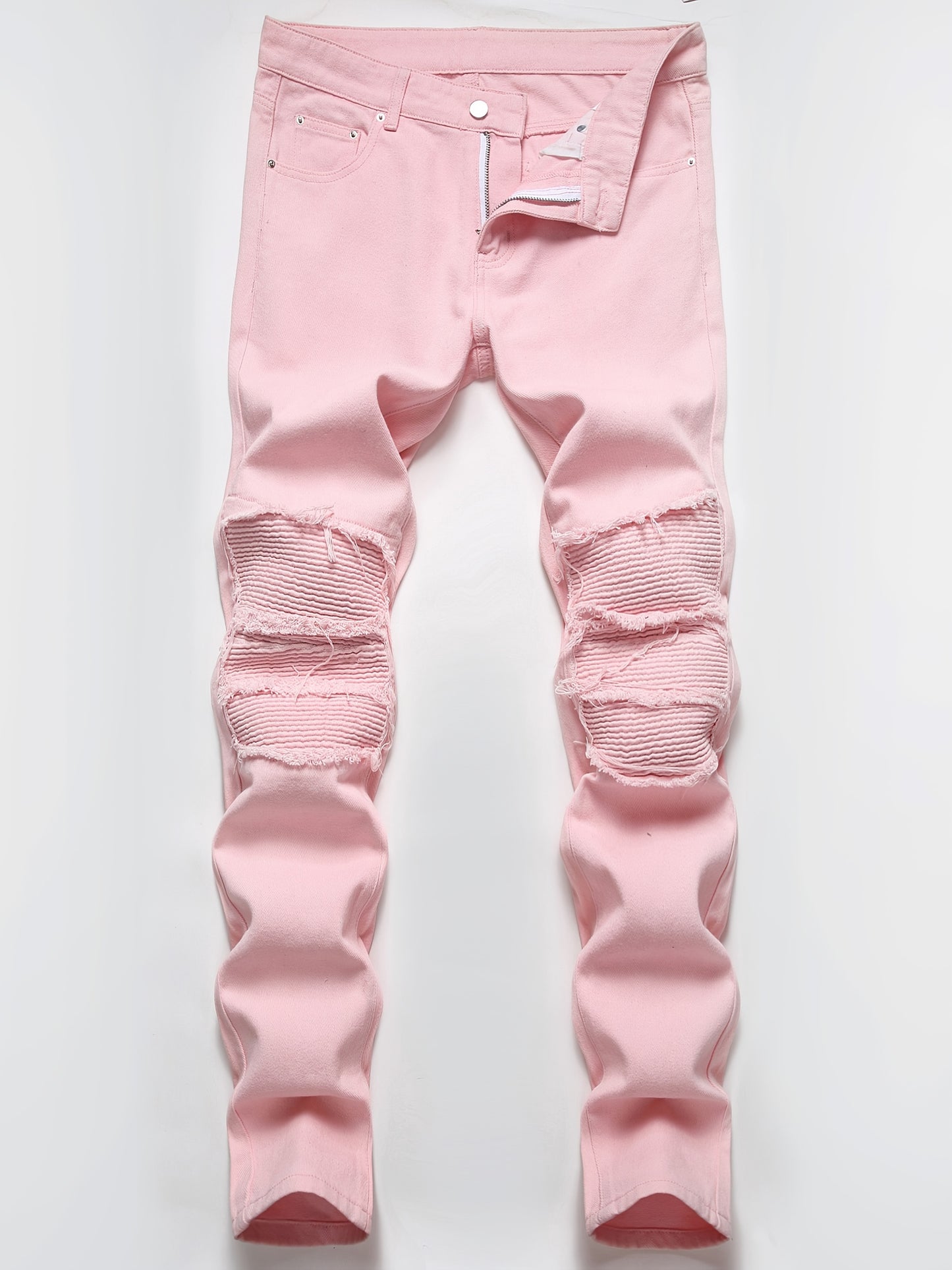 Men's Slim-Fit Stretch Jeans with Built-In Zipper & Ripped Washed Texture - Light Pink Distressed Streetwear Style, Reinforced Stitching, All-Season Comfort for Casual & Office Wear - Machine Washable Modern Trousers