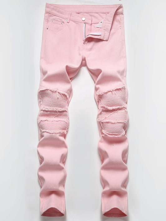Men's Slim-Fit Stretch Jeans with Built-In Zipper & Ripped Washed Texture - Light Pink Distressed Streetwear Style, Reinforced Stitching, All-Season Comfort for Casual & Office Wear - Machine Washable Modern Trousers