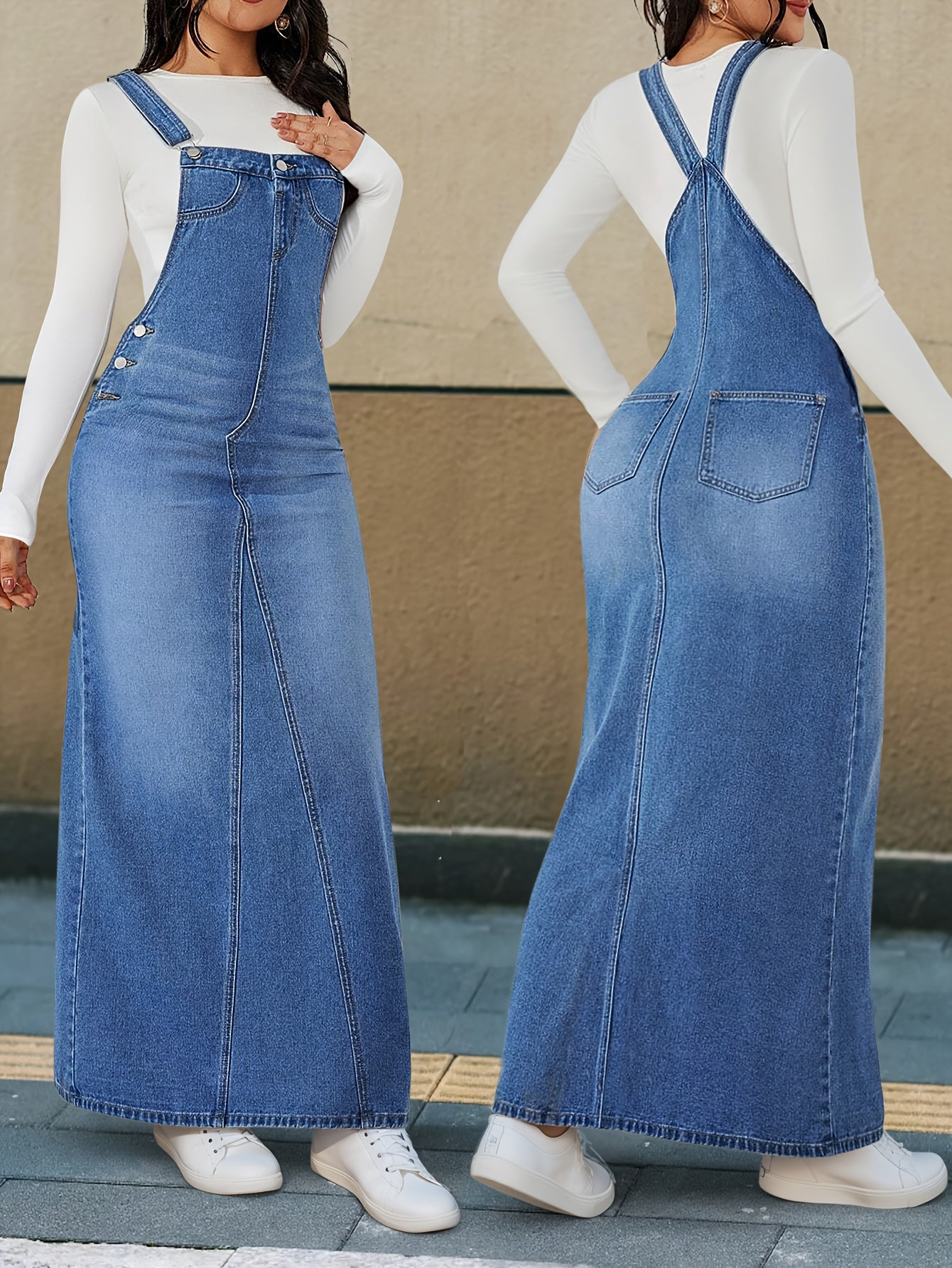 Durable Denim Dress - Women's Non-Stretch Loose Fit Long Skirt with Detachable Strap, Multiple Buttons for Easy Closure, Everyday to Formal Outfits - Casual Chic Outwear, Versatile Outfit Option