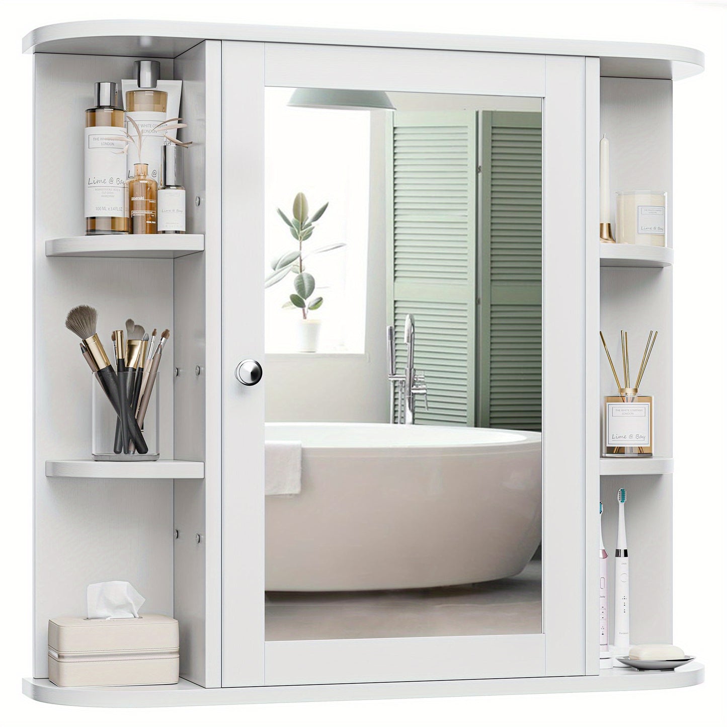 Modern Wall-Mounted Bathroom Medicine Cabinet with Mirror - 6 Open Shelves, Durable Non-Wood Moisture-Resistant Design, Space-Saving White Storage Organizer for Bathroom Essentials, Toiletry Organization, Contemporary Style,