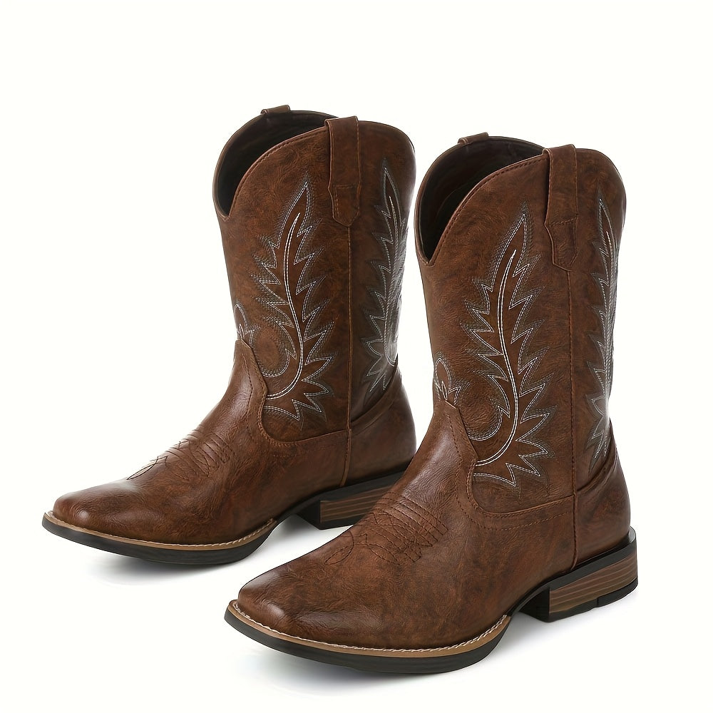 Men' Retro Cowboy Boots Chunky Heel Square Toe Western Boot Pull Embroide Work Shoes Durable Classic Vintage Spring Fall Shoes