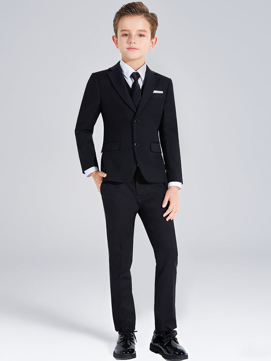 Lycody Boys Suits 4pcs Black Blazer Vest Pants With Random Tie Suit Set For Boy Slim Fit Kids Formal Wedding Dress 5-16Y