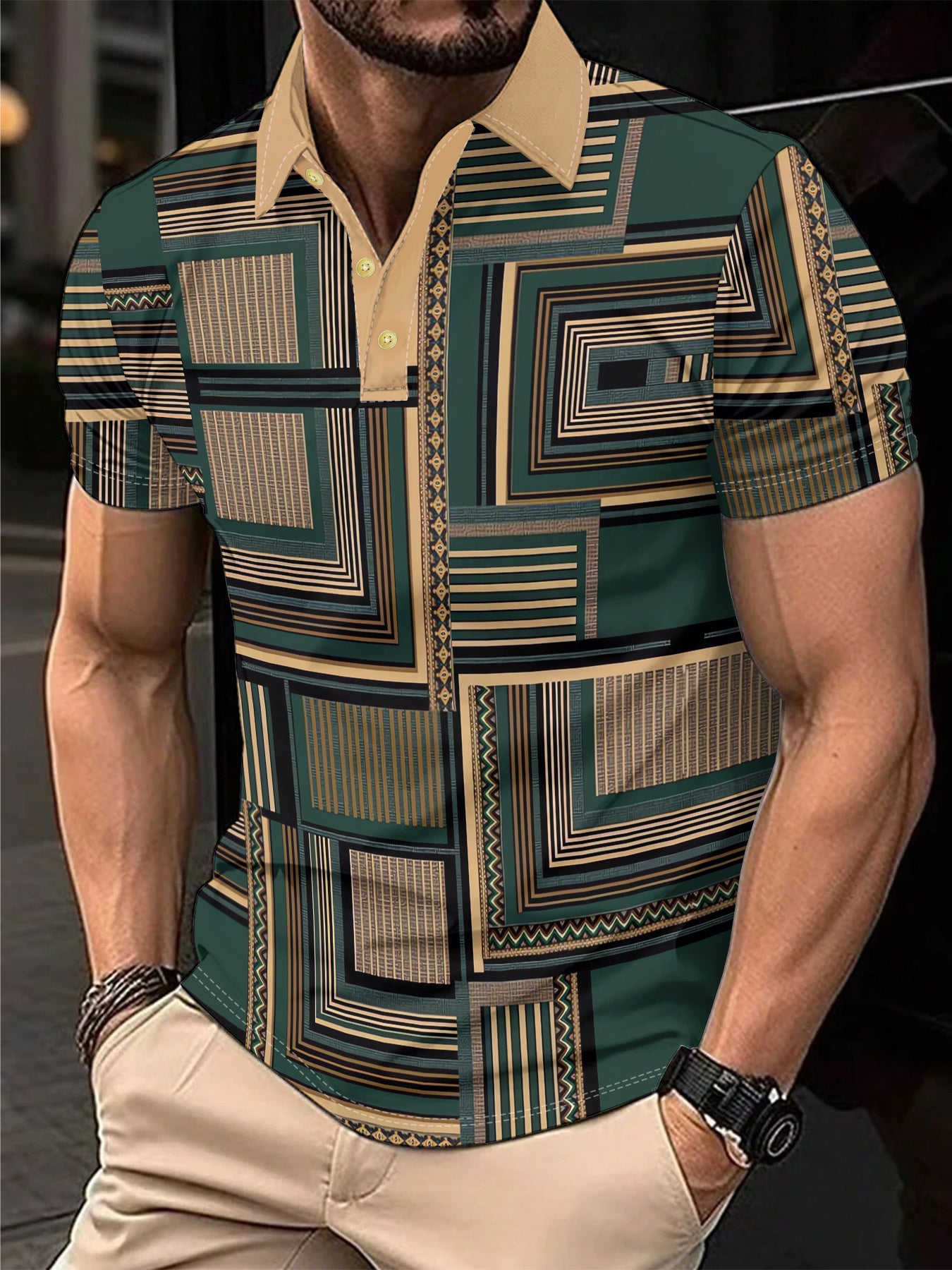 Men'S Stylish Three-Dimensional Geometric Pattern Printed Short-Sleeved Sports POLO Shirt