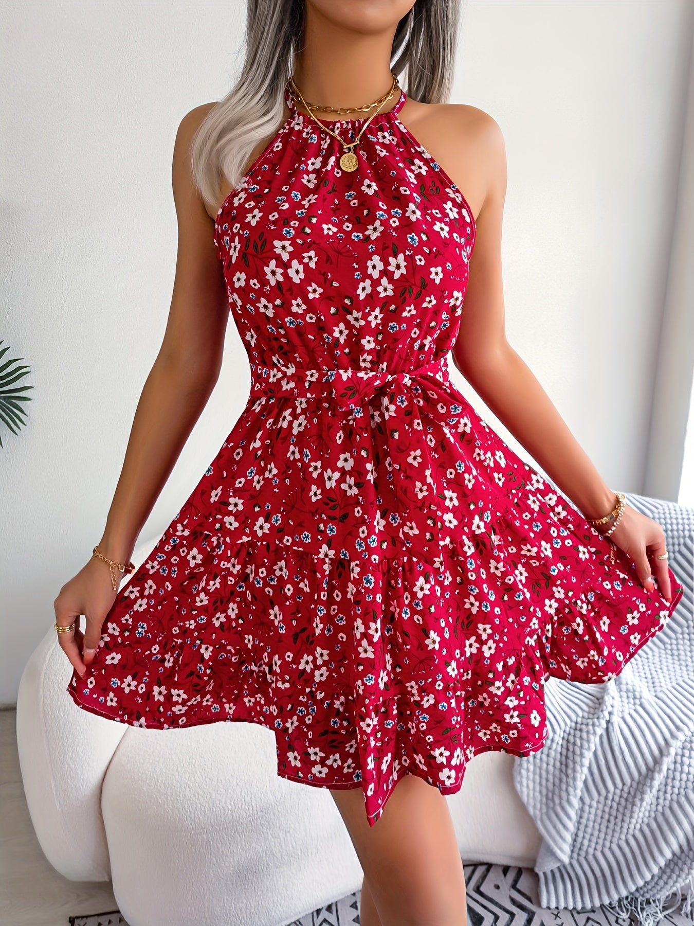 [Summer Floral Belted Beach Dress] Floral Print Belted Beach Dress, Sleeveless Casual Vacation Dress For Summer & Spring, Women's Clothing