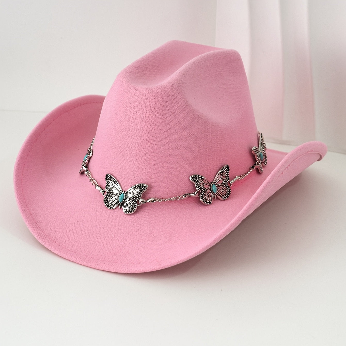 [Western Cowgirl Hat] 1pc Western Cowgirl Hat | Lightweight, Polyester, Woven, Fedora Style with Silvery Metal Butterfly, Ideal for Western Themed Events & Grassland Music Festivals