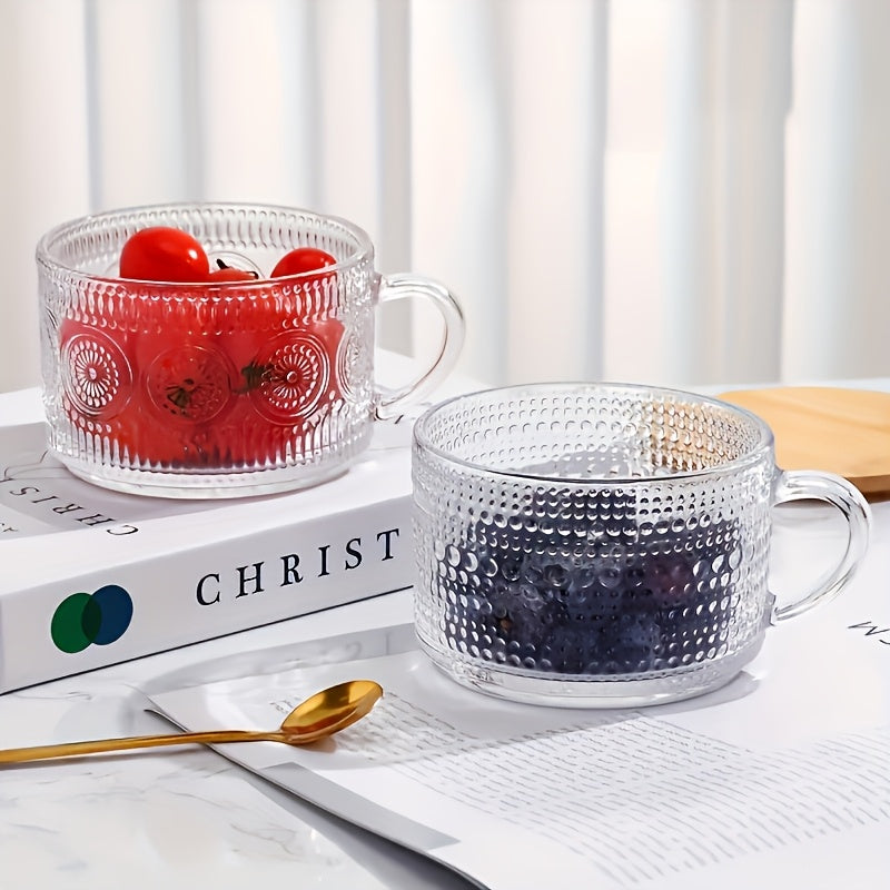 [Retro Coffee] Set Of 4 450ml/15.2oz Retro Coffee Cups | Transparent Embossed Glass Cups | Bamboo Lids And Spoons | Cute Coffee Bar Accessories, Iced Coffee Cups, Suitable For Cappuccino, Latte, Overnight Oat Containers