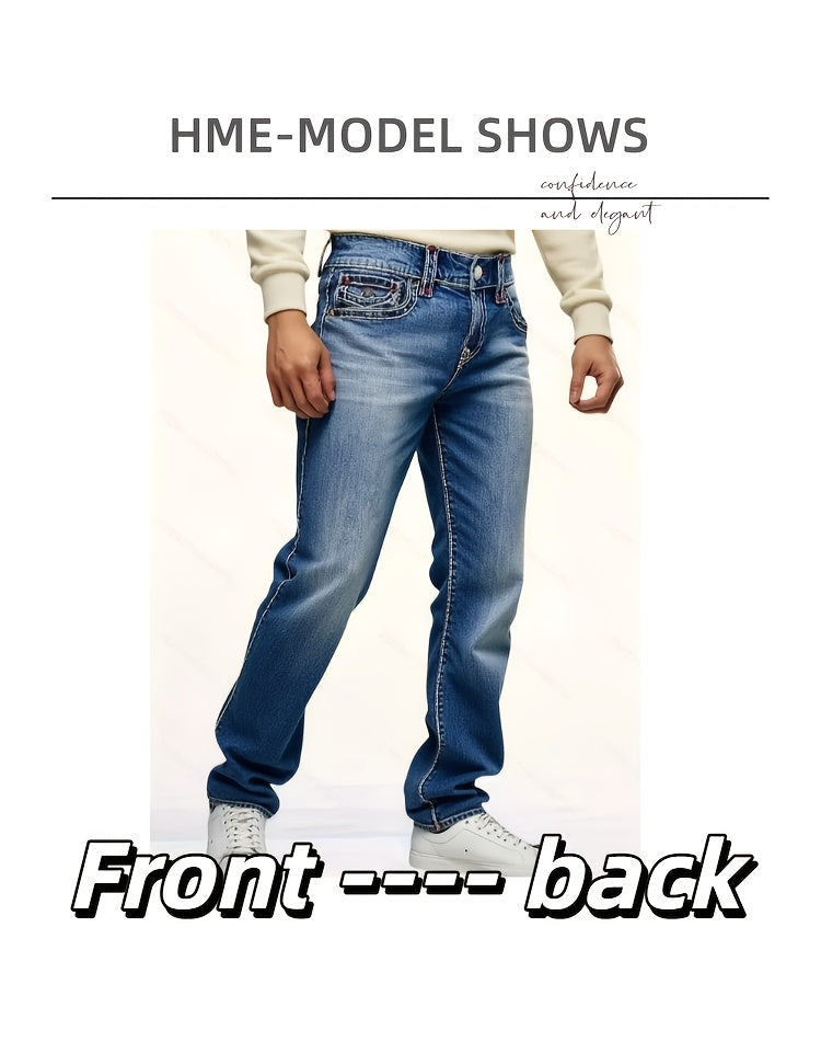 HME Men's Classic Blue Jeans - Mid-Rise Loose Straight-Leg Non-Stretch Pants, Machine Washable Vintage Washed Look with Flip-Over Back Pockets - Everyday Casual Jeans for Year-Round Wear