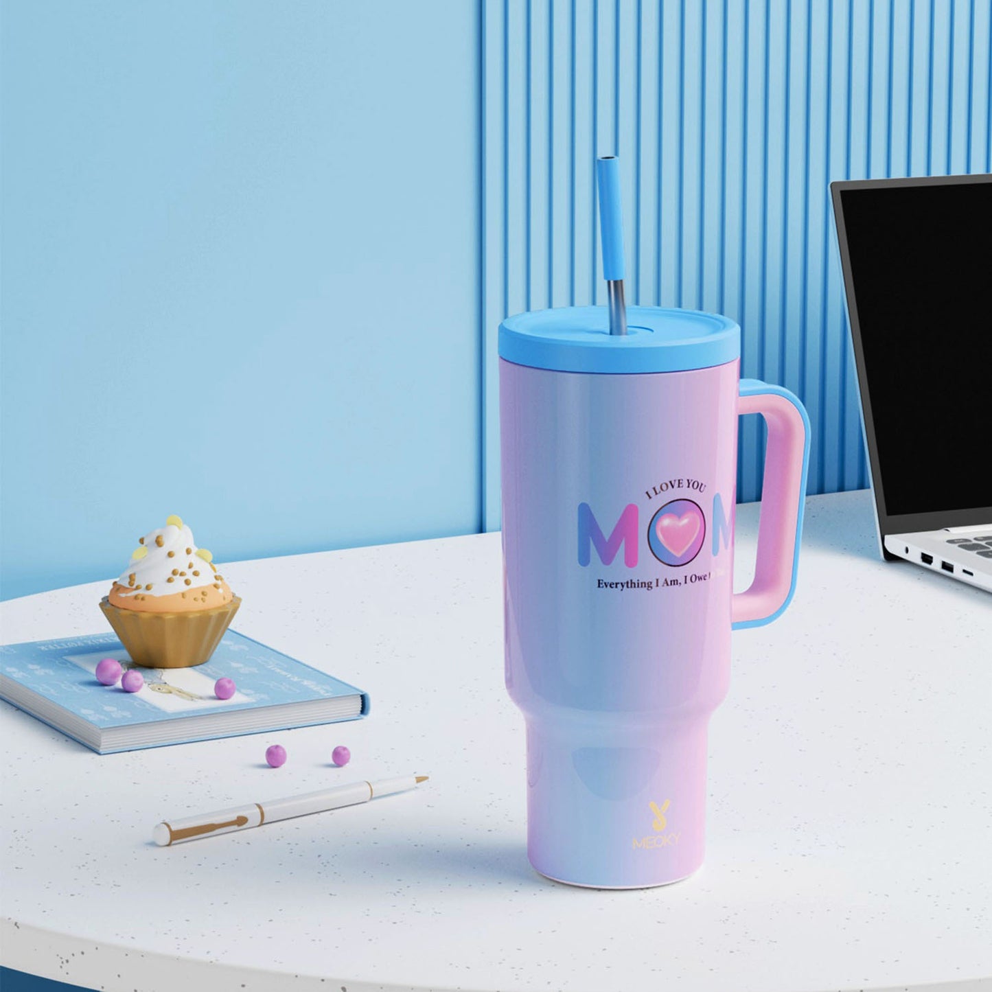 [MEOKY Stainless Steel Tumbler] MEOKY 40oz Stainless Steel Tumbler with Handle | Leak-Proof, Insulated Travel Mug for Hot & Cold Drinks, Perfect Gift for Father's Day & Mother's Day, Round Shape, Hand Wash Only, Travel Drinkw