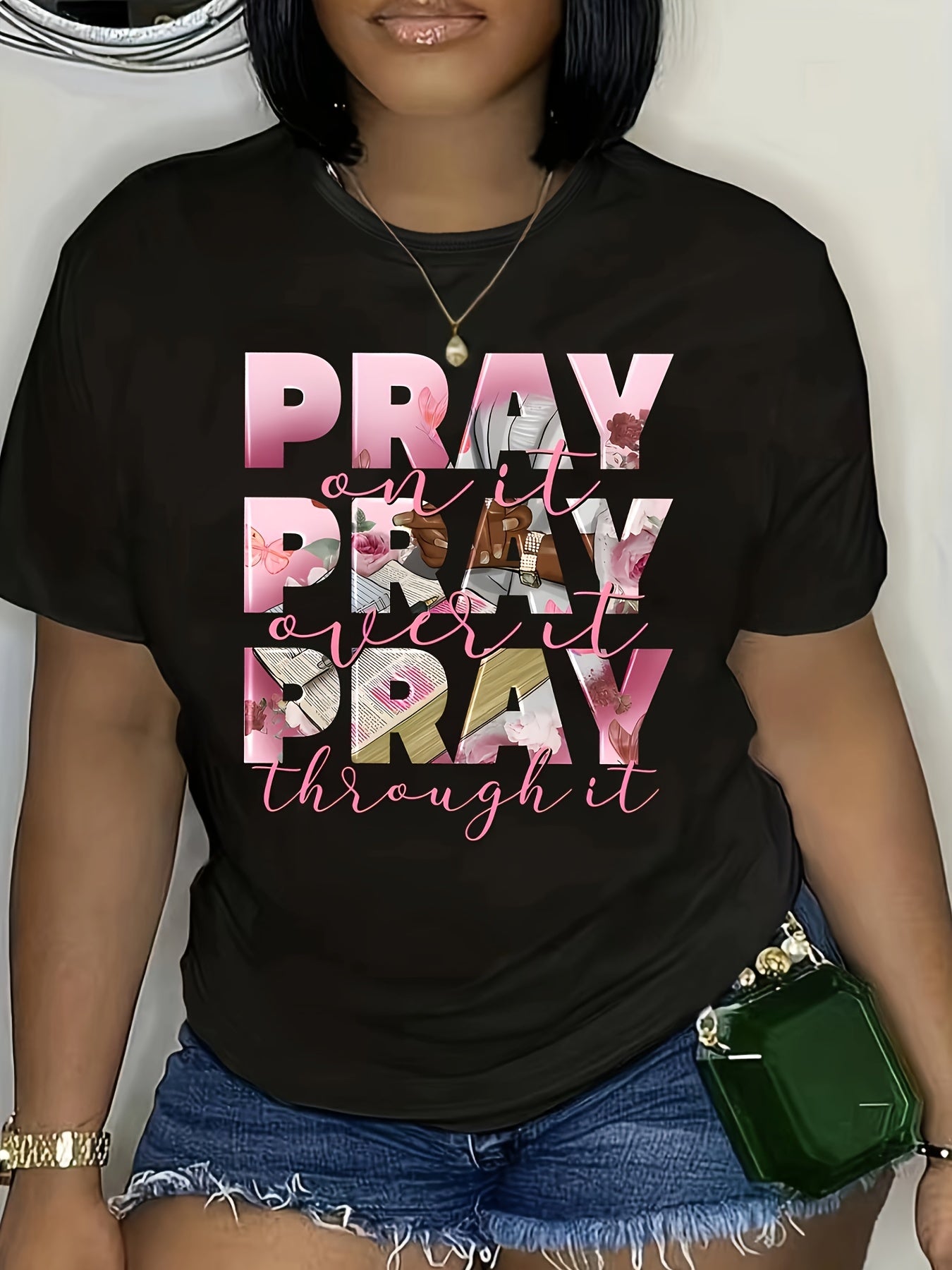 Short Sleeve Stretchy Polyester Blend Plus Size Inspirational T-Shirt for Women - "Pray Over It" Print, Casual Crew Neck, Machine Washable - Perfect for Spring/Summer/Fall