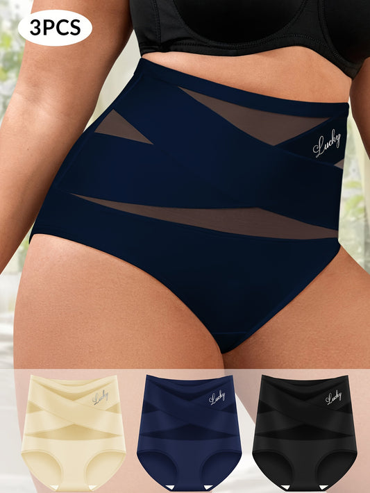 3pcs Women's High Waist Shapewear Panties - Soft, Stretchy Tummy Control Underwear with Mesh Panels for Navy Blue, Beige & Black - Elegant, Comfortable Fit for All Body Shapes