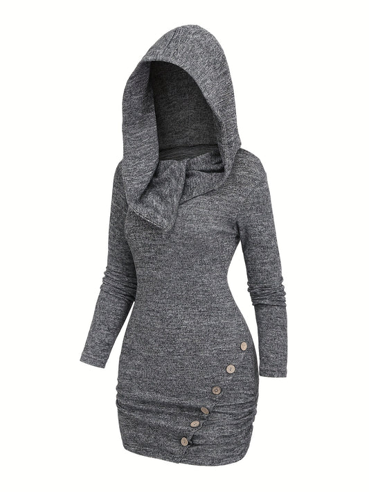 Women'S Y2K Style Hooded Knit Dress, Solid Color Polyester Bodycon with Button Detail, Long Sleeve Slim Fit for Spring/Fall - 200g/m² Knit Fabric