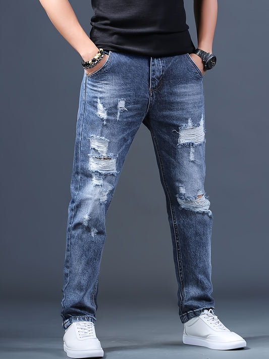 Men's Jeans Straight-leg, Non-stretch Ripped Men's Trousers Style Bicycle Street Chic Blue Frayed Jeans Suitable for All Seasons