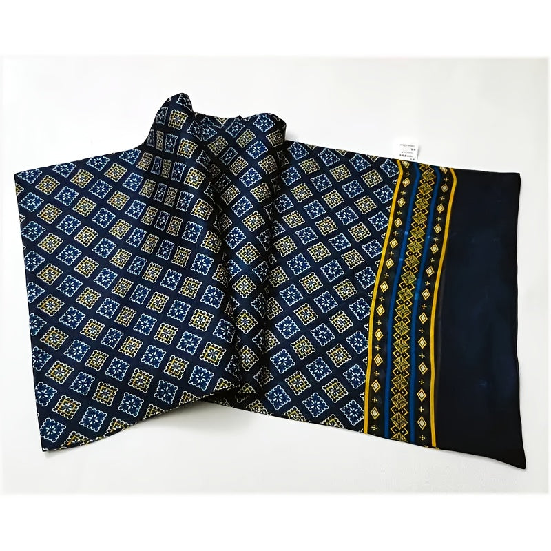 Luxurious Navy Blue Scarf for Men with Golden and Yellow Geometric Patterns - Elegant Business Style, Perfect for Casual Attire and Suit Matching