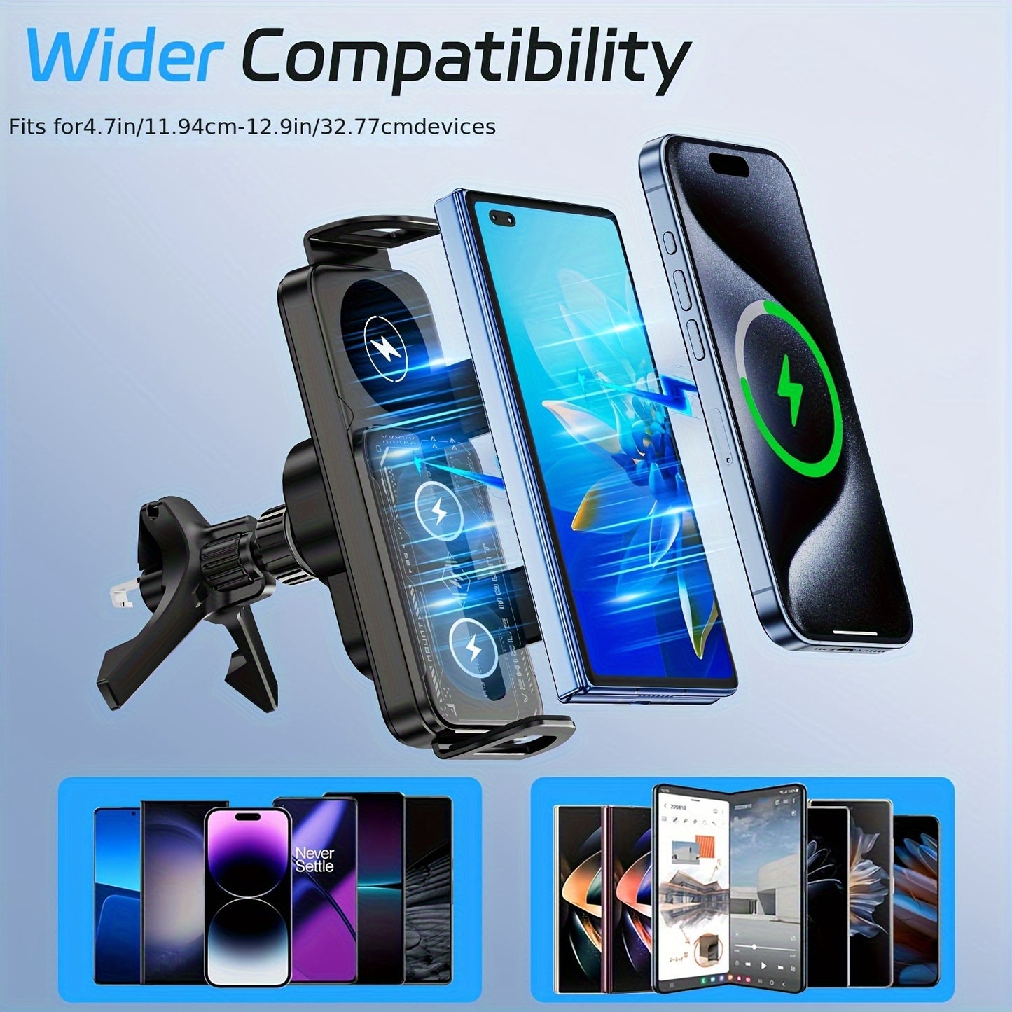 15W Wireless Car Charger Holder For Z Fold6 Fold5 Fold4 Fold3 Fold2 Fold Ultra 16/15/14/13/12 Pro Max 4.3-inch-6.9-inch Mobile Phone Automatic Clamping, Electric Horizontal And Vertical Screen Adjustment Angle, Fast Charger