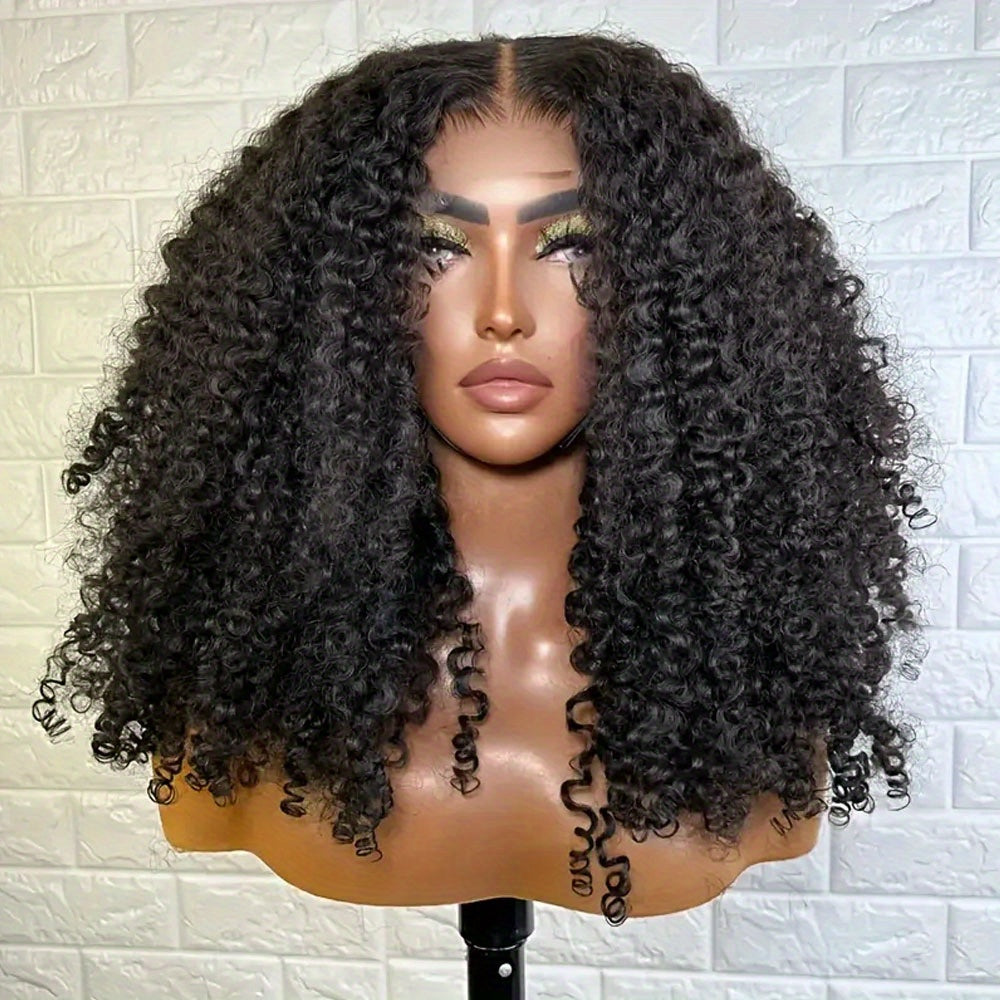 200% Density Brazilian Afro Curly Lace Closure Wig - 4x4 Transparent Pre-Plucked Human Hair Wig for Women, Natural Black, Voluminous Kinky Style, Full Coverage for Everyday Glamour, Everyday Glamour Look | Natural Hairline Wi