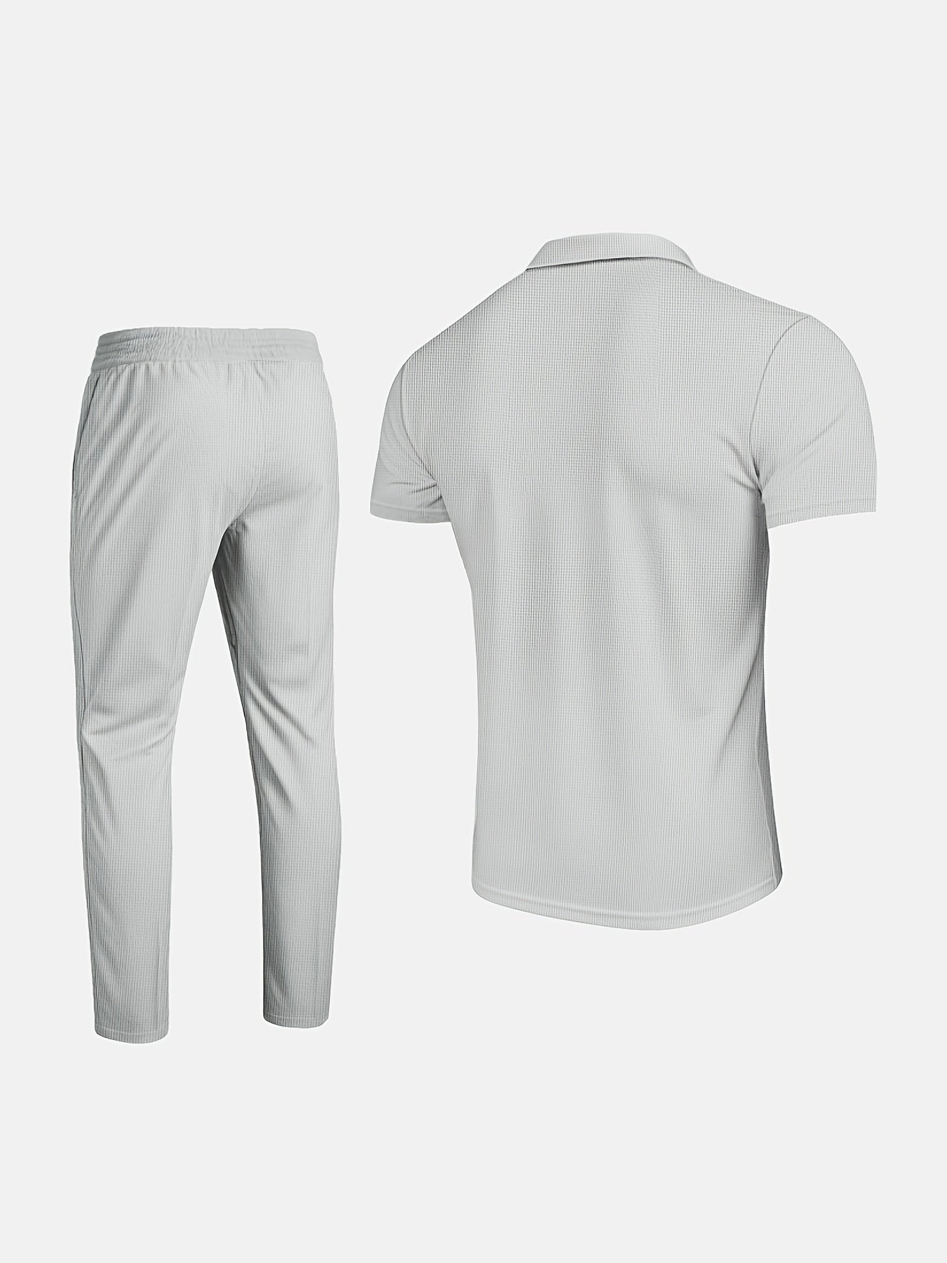 Men's Waffle Texture Lapel Shirt And Pants Set - Polyester Short Sleeved Shirt, Zipper Access, Elastic Drawstring Waist Straight Leg Pants 5 Colors Suitable For Spring, Summer, Autumn, Beach, Outdoor Activities, Daily Wear, S