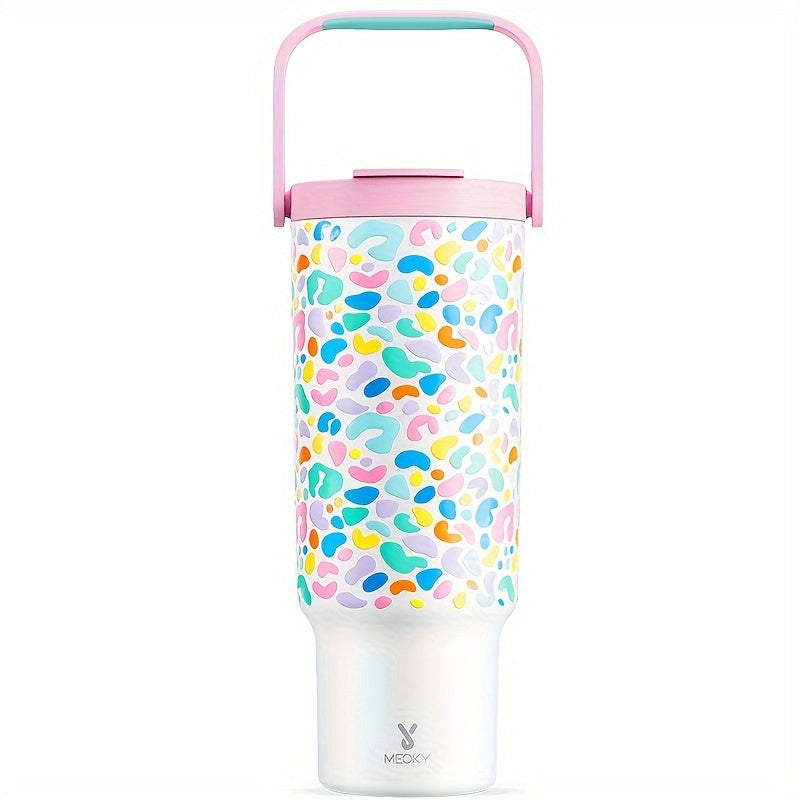 1pc 40oz Insulated Stainless Steel Tumbler With Handle - Leak-Proof, Keeps Cold For 24 Hours, Fits Car Cup Holder - Reusable, Round, Multipurpose Travel Mug With Lid And Straw